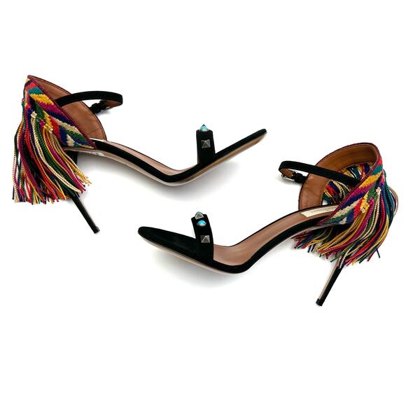 VALENTINO Rockstud Rolling Fringed Suede Ankle Strap Sandals EU 39 US 9 Heels - Picture 5 of 13